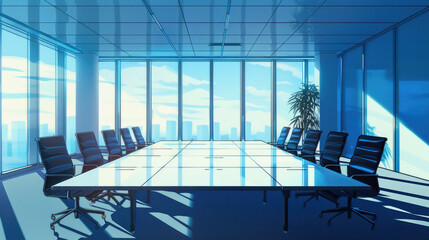 A large conference room with a long table and many chairs