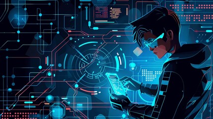 Hacker using smartphone to commit cybercrime. Digital art of futuristic hacking and cyber warfare.