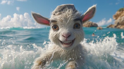   A tight shot of a goat at water's edge, eyes reflecting, as a figure surfs in the distance - obrazy, fototapety, plakaty