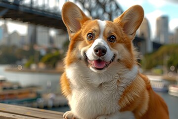 Obraz premium Charming Corgi Strikes a Pose on Sydney Harbor with Bridge in Background