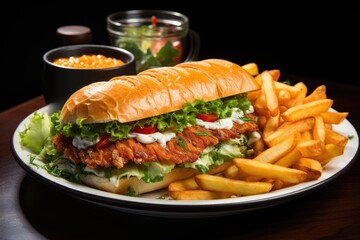 Fish hamburger with tartar sauce and chips., generative IA