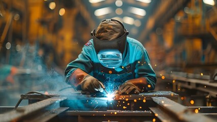 Worker in overalls welding in a workshop. Concept Industrial, Workshop, Welding, Occupation, Protective Gear - obrazy, fototapety, plakaty