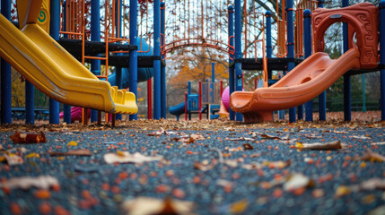 A playground with a yellow and orange slide and a blue slide