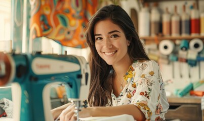 Beautiful smiling woman is sewing, sitting in a sewing room