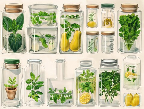 A collection of glass jars filled with various herbs and vegetables. The jars are arranged in a way that creates a sense of abundance and variety. The image conveys a feeling of freshness and health
