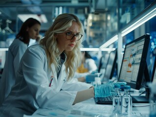 Medical lab research involves a diverse team analyzing scientific data on high-tech screens in a collaborative workspace