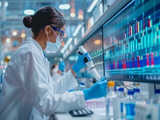 Medical laboratory research, diverse team, analyzing scientific data, high-tech screens, collaborative, clean, organized workspace