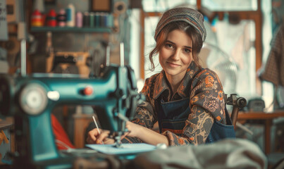 Beautiful smiling woman is sewing, sitting in a sewing room