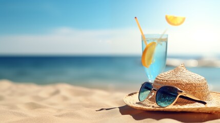 Cocktail on the sand ocean beach, straw hat and sunglasses on seashore background, summer day, copy space for a product. - obrazy, fototapety, plakaty
