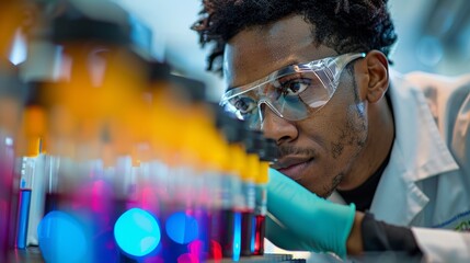 In a medical laboratory setting, an African-American male scientist is seen conducting blood tests with high focus, utilizing sophisticated equipment in a clean and organized workspace