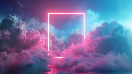 3d render, abstract minimal background, pink blue neon light square frame with copy space, illuminated stormy clouds.
