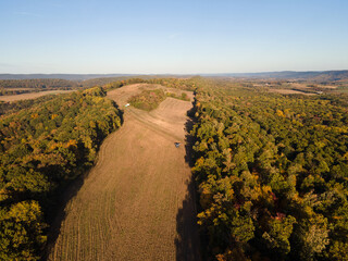 Fototapeta na wymiar Aerial landscape of corn farmland in Appalachian mountains in rural Herndon Central Pennsylvania