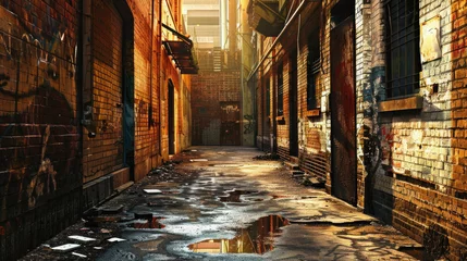 Wandcirkels Smal steegje A narrow alleyway with graffiti on the walls and a puddle of water on the ground  © Art AI Gallery