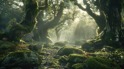 A forest with moss growing on the trees and rocks