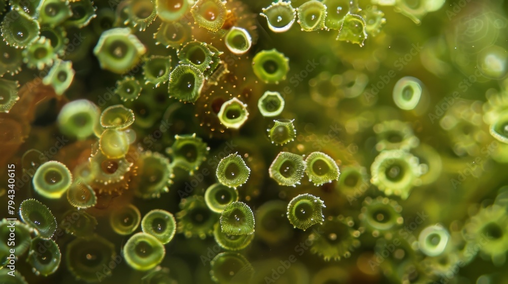 Poster an upclose look at a dense infestation of microalgae on the surface of an aquarium with the individu