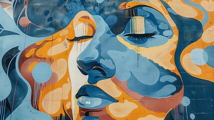 Obraz premium graffiti on the wall, mural showing woman's face with eyes closed, urban street art 
