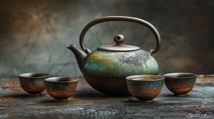 Traditional clay teapot with flat teapot, tea cups and teapot, Green japanese tea, Black iron asian teapot.