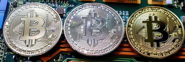 Bitcoin gold coin and defocused background. Blockchain technology concept.