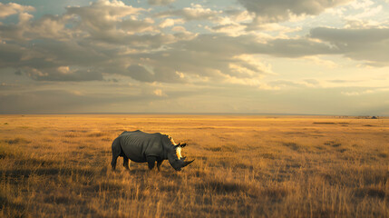 Quiet Afternoon Grazing: An Unveiling of the Serene Life of a Rhinoceros in the African Savannah