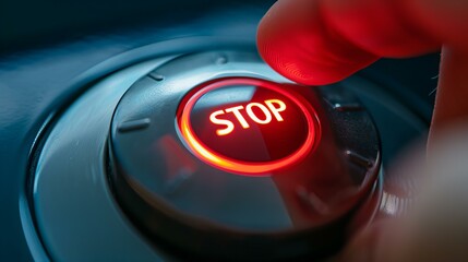 red stop button about to be pushed with a finger; emergency situation