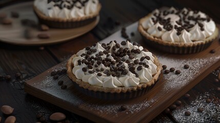 Chocolate tartlets with whipped cream and coffee beans on wooden background