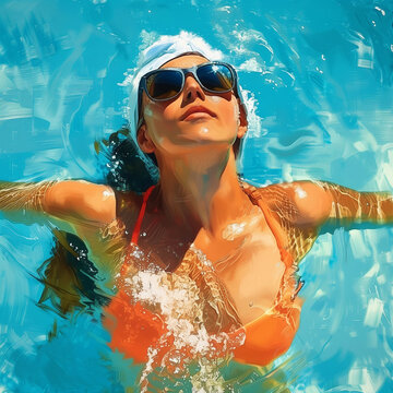 Beautiful summer holiday, happy young woman enjoys the deep blue-green waters almost fully underwater with white bathing cap and sunglasses, oil painted illustration poster style