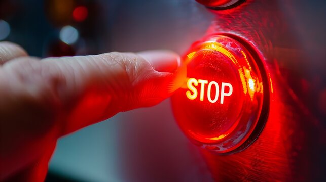 red stop button about to be pushed with a finger; emergency situation