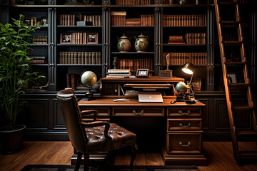 working room desk with globe, office, calssical officce with bookshelf and glbe