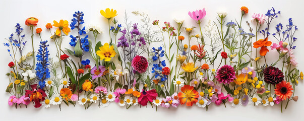 Fototapeta na wymiar Colorful assortment of various flowers arranged on white background.