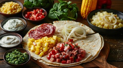 Fototapeta na wymiar Food photography with fillings: salami, pineapple, onion, mushrooms, pepper, spinach, corn and ham.