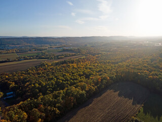 Aerial landscape of corn farmland in Appalachian mountains in rural Herndon Central Pennsylvania