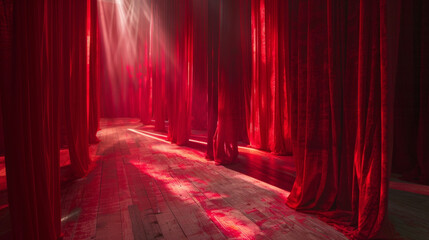 The room is filled with deep red velvet ds casting an eerie glow as they sway in the gentle breeze. .
