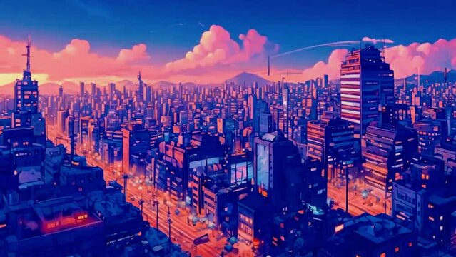 A cyberpunk cityscape with flying cars zooming between towering skyscrapers and neon signs, 2D anime style 4k High-Quality animation video