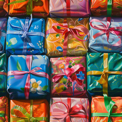 Seamless pattern of oil painted gift boxes