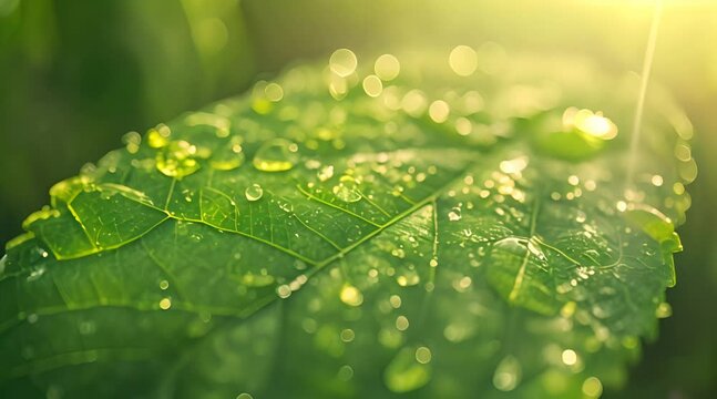 Clear raindrops on leaves in macro photo style footage