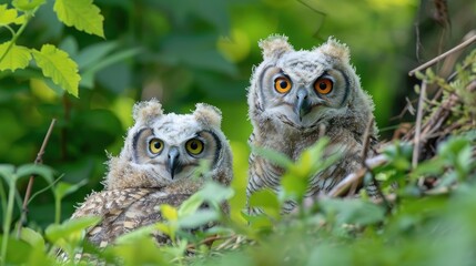 Obraz premium Eurasian Eagle Owls exploring nature outside their nest in the grass A young white owl is venturing outside for the first time