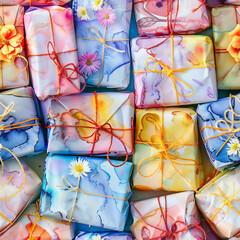 Seamless pattern of watercolor wrapped presents