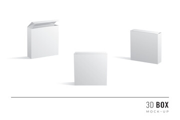 Packaging Quarter Length Box 3D Mockups Set of Isometric Open Closed and Frontal View Blank Templates - White Realistic Boxes with Shadows on Similar Background - Gradient Graphic Design
