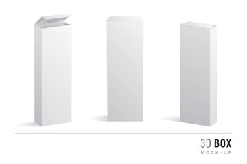 Packaging Half Length Triple Height Box 3D Mockups Set of Isometric Open Closed and Frontal View Blank Templates - White Realistic Boxes on Similar Background - Gradient Graphic Design