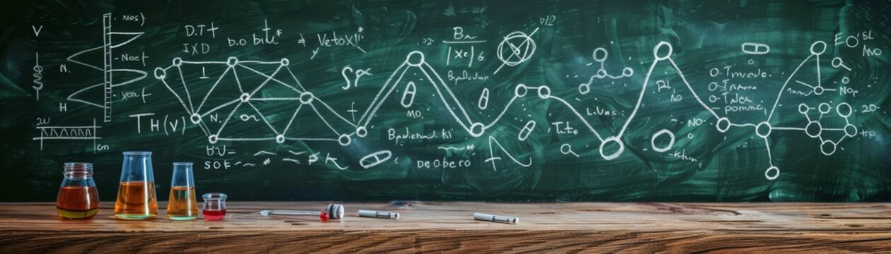 White chalk drawings of science symbols, complex equations, DNA strand, neuron on a dark green background create an educational, classic ambiance