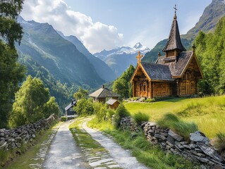 A small village with a church and a road leading to it. The road is made of stones and the church is made of wood. The village is surrounded by mountains and the sky is clear