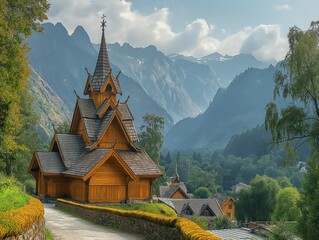 A small wooden church with a steeple sits in a valley surrounded by mountains. The church is surrounded by a stone wall and a path leading to it - obrazy, fototapety, plakaty