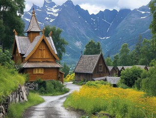 A small village with a church and houses surrounded by mountains. The houses are made of wood and the church has a steeple. The village is surrounded by a lush green field