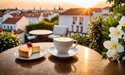 Fashionably Savored Coffee and Cheesecake on a Terrace at Sunset