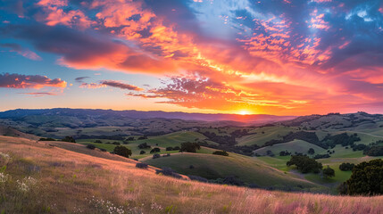 Witness the Breathtaking Beauty of a Sky Ablaze with Color as the Sun Sets Behind Rolling Hills  ultra clear, high quality,