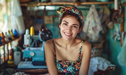 Obraz premium Beautiful smiling woman is sewing, sitting in a sewing room