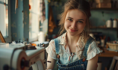 Beautiful smiling woman is sewing, sitting in a sewing room