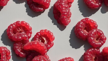 Neat Formation of Dried Raspberry Slices with Shadow on a Warm Gray Background. Flat Lay Composition.