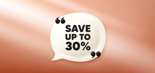 Save up to 30 percent tag. Chat speech bubble 3d banner. Discount Sale offer price sign. Special offer symbol. Discount chat message. Speech bubble red banner. Text balloon. Vector - obrazy, fototapety, plakaty