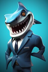 Illustration of a cartoon shark in a blue suit, smiling with a friendly expression on a blue background.
